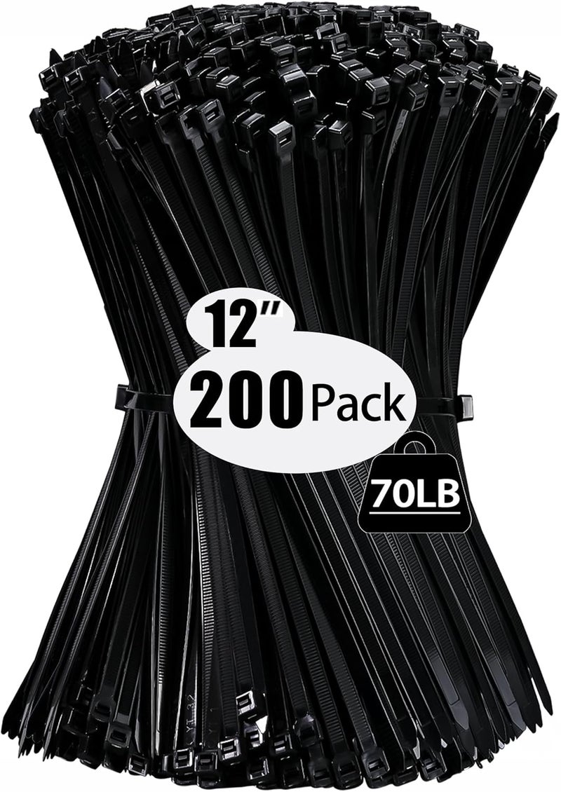 Colaolge 200 Pack Zip Wire Ties 12 Inch Cable Zip Ties Black Tie Wraps with 70 Pounds Tensile Strength, Self-Locking Cable Ties, UV Resistant Thick Nylon Wire Ties for Indoor and Outdoor Black - Image 1